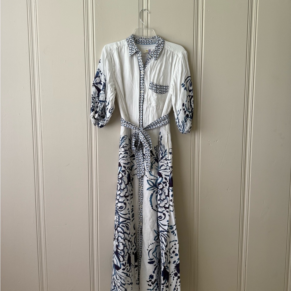 Anthropologie Floral White and Blue Dress